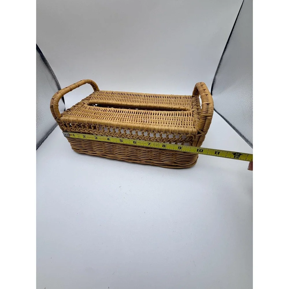 Vintage Rattan Vanity Set Mirror & Tissue Box Cover Coastal Boho Bathroom Decor